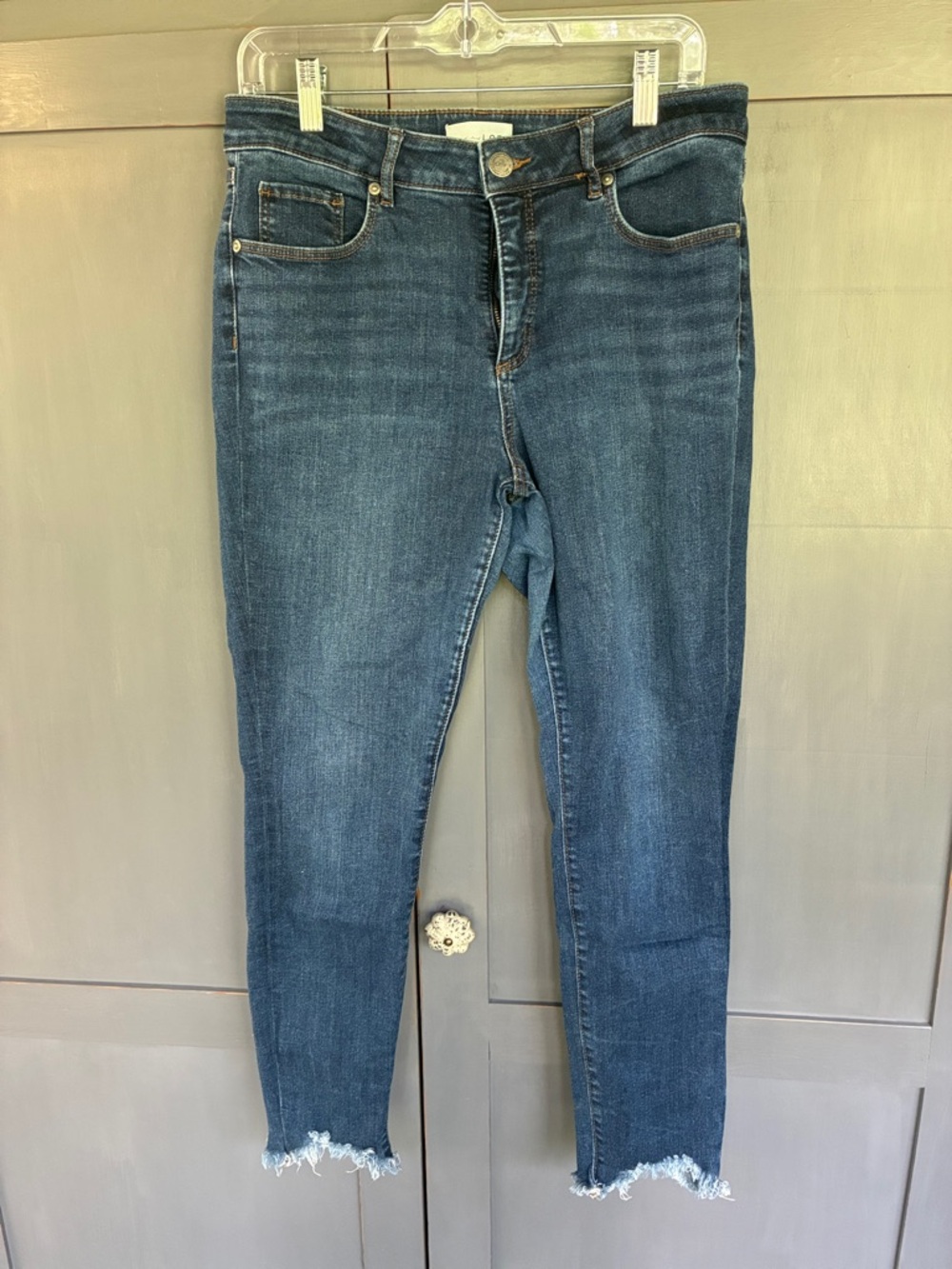 LOFT Women's Dark Blue Skinny Jeans with Frayed Hem